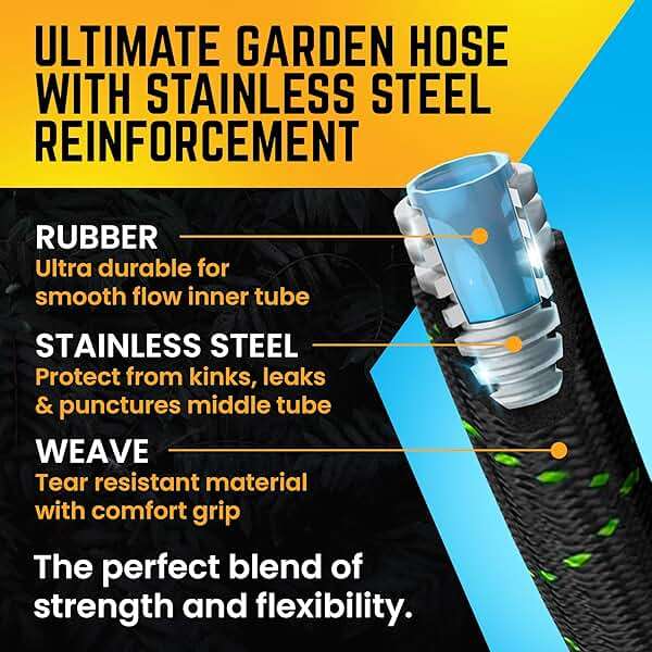 PowerFlow Garden Hose, NON-EXPANDABLE 25 Feet Premium Quality Stainless Steel Metal Water Hose with Durable Fabric Skin, Hose For Commercial, Residential Use, Bonus 10-way Spray Nozzle (25 Ft, Black) - Image 7