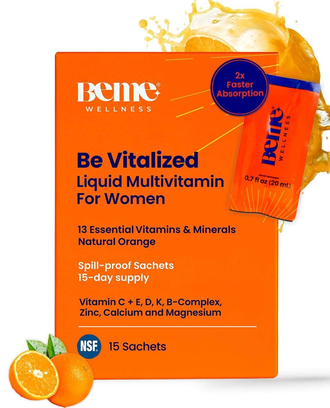 BeMe Liquid Multivitamins for Women - Advanced Liquid Delivery System with 13 Vitamins & Minerals - Tear & Go Sachets, Non-GMO, Orange Flavor (15 Sachets) - Image 1
