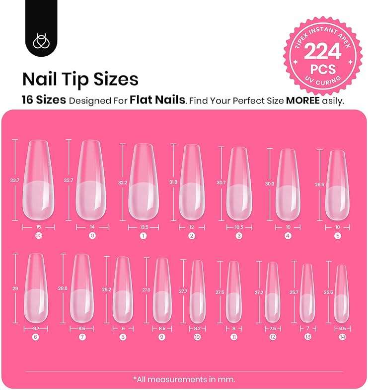 Beetles Tipex Instant Apex Nail Tips Kit, Long Coffin, 224PCS 16 Sizes 00-14, No Builder Gel Needed, 20g Solid Nail Glue, Mini UV Lamp - Image 3