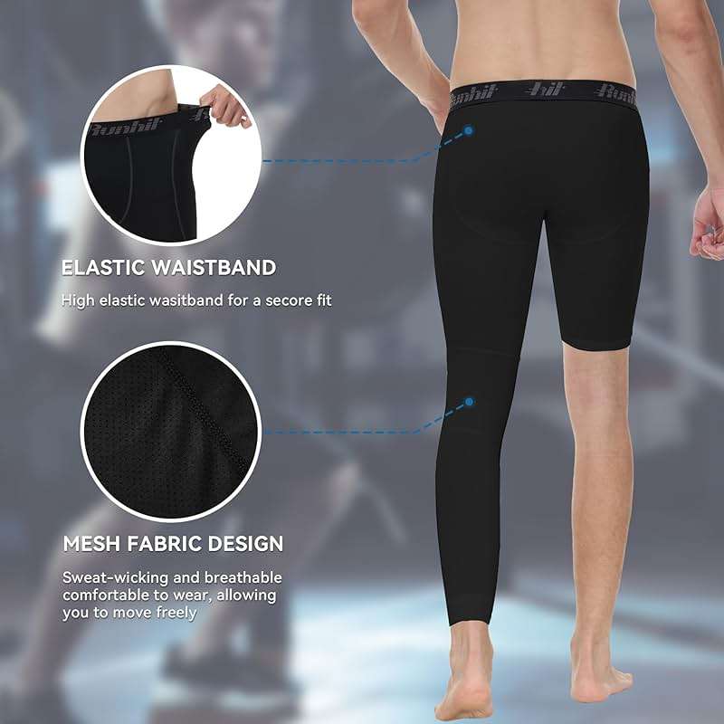 Runhit Men's Basketball One Leg Compression Tights Full Length Single Leg Compression Pants Sports Base Layer Underwear - Image 5