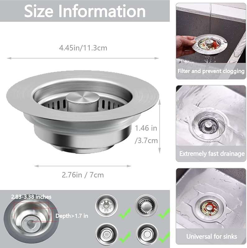 3 in1 Kitchen Sink Drain Strainer, 10,000 Press Test 304 Stainless Steel & Brass Material Pop-up Sink Stopper with Metal Basket Strainer Fast Drain Strainer for US Standard 3-1/2 in Kitchen Drain - Image 2