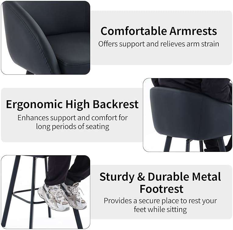 FIRAVOE Bar Stools Set of 4, 26" Swivel Bar Height Bar Stools with Back and Arms, Faux Leather Kitchen Barstools Counter Height for Kitchen Island (4PCS Black, 26 Inch) - Image 5