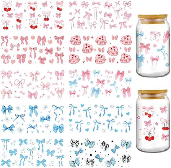 Bows UV DTF Cup Wraps - 10 Sheets Pink Coquettte Bow Uvdtf Tumbler Wrap for 16 oz Glass, Cute Butterfly Cherry Waterproof Transfer Sticker DIY Water Bottle Craft Decor Holiday Gifts for Girlfriend - Image 1