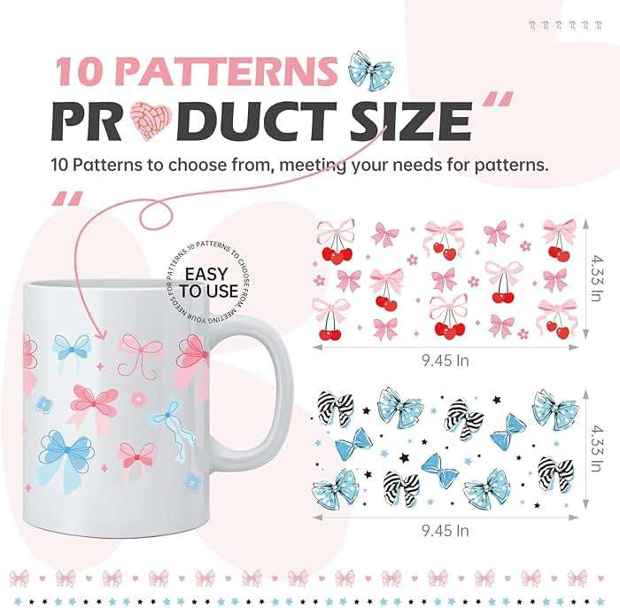 Bows UV DTF Cup Wraps - 10 Sheets Pink Coquettte Bow Uvdtf Tumbler Wrap for 16 oz Glass, Cute Butterfly Cherry Waterproof Transfer Sticker DIY Water Bottle Craft Decor Holiday Gifts for Girlfriend - Image 4
