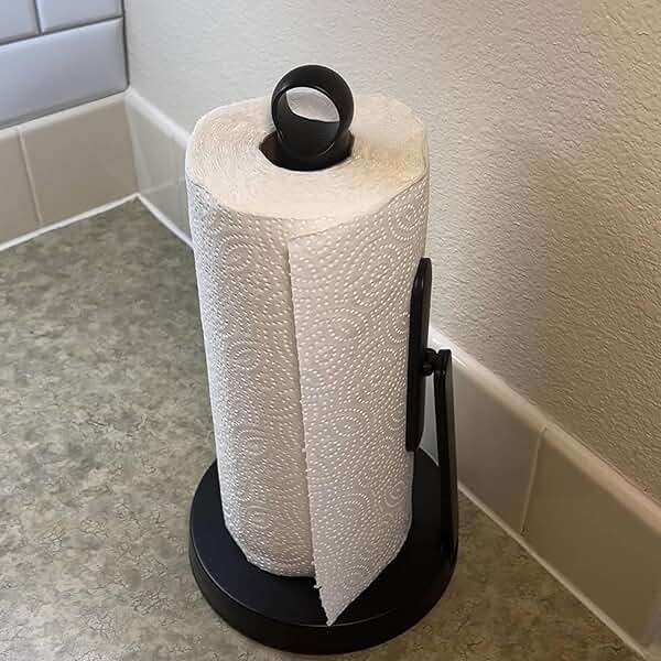 theaoo Heavy-Duty Stainless Steel Paper Towel Holder with Tension Arm – Easy One-Handed Tear, Modern Standing Countertop Dispenser for Kitchen, Holds All Paper Towel Rolls (1, Black) - Image 2