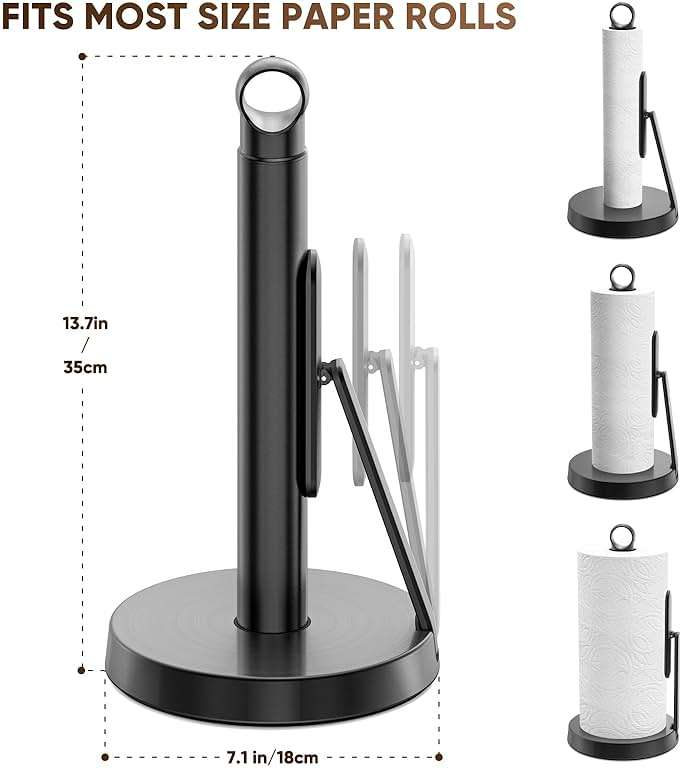 theaoo Heavy-Duty Stainless Steel Paper Towel Holder with Tension Arm – Easy One-Handed Tear, Modern Standing Countertop Dispenser for Kitchen, Holds All Paper Towel Rolls (1, Black) - Image 3