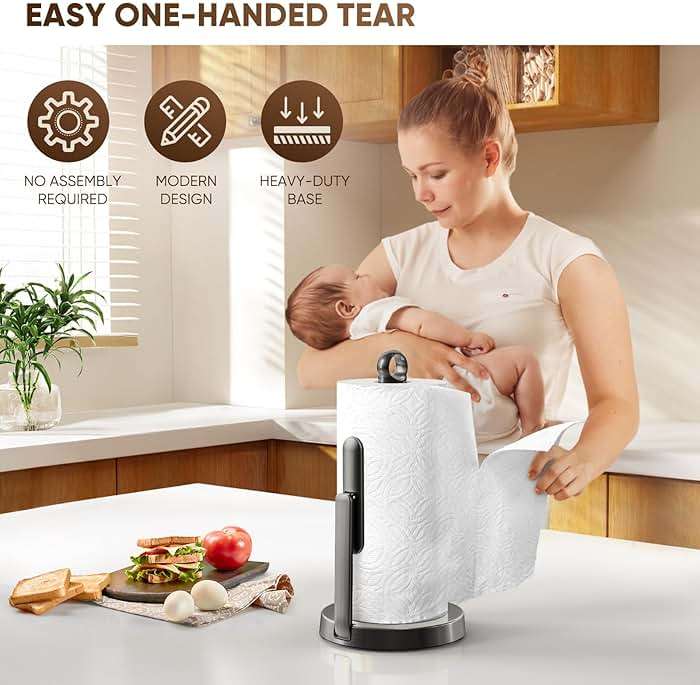 theaoo Heavy-Duty Stainless Steel Paper Towel Holder with Tension Arm – Easy One-Handed Tear, Modern Standing Countertop Dispenser for Kitchen, Holds All Paper Towel Rolls (1, Black) - Image 4