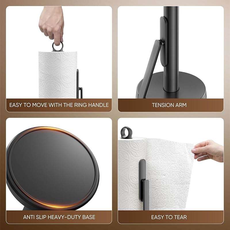 theaoo Heavy-Duty Stainless Steel Paper Towel Holder with Tension Arm – Easy One-Handed Tear, Modern Standing Countertop Dispenser for Kitchen, Holds All Paper Towel Rolls (1, Black) - Image 6
