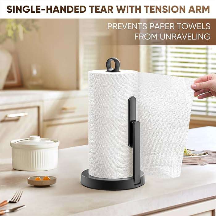 theaoo Heavy-Duty Stainless Steel Paper Towel Holder with Tension Arm – Easy One-Handed Tear, Modern Standing Countertop Dispenser for Kitchen, Holds All Paper Towel Rolls (1, Black) - Image 7