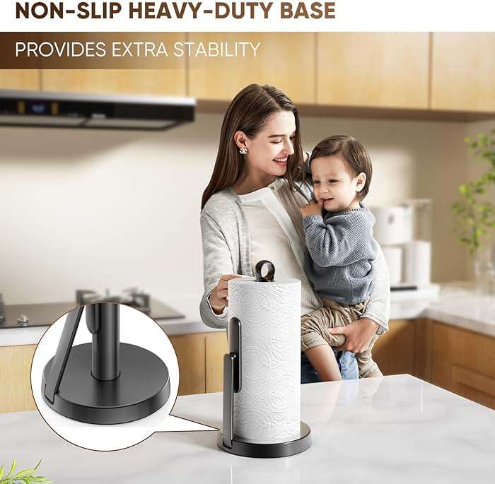 theaoo Heavy-Duty Stainless Steel Paper Towel Holder with Tension Arm – Easy One-Handed Tear, Modern Standing Countertop Dispenser for Kitchen, Holds All Paper Towel Rolls (1, Black) - Image 8