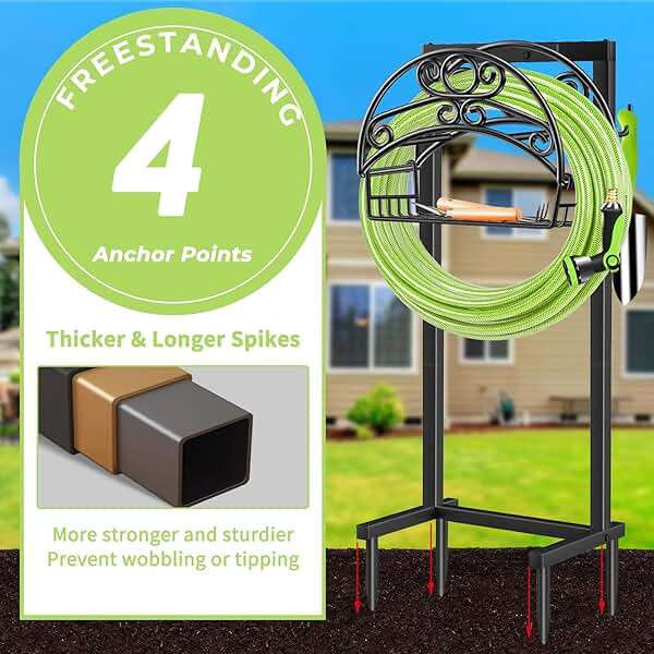 TomCare Garden Hose Holder Upgraded Water Hose Holder Heavy Duty 4 Spikes Hose Hanger Holds 160 Feet Hoses Stable Freestanding Hose Storage Organizer for Outside Yard - Image 5