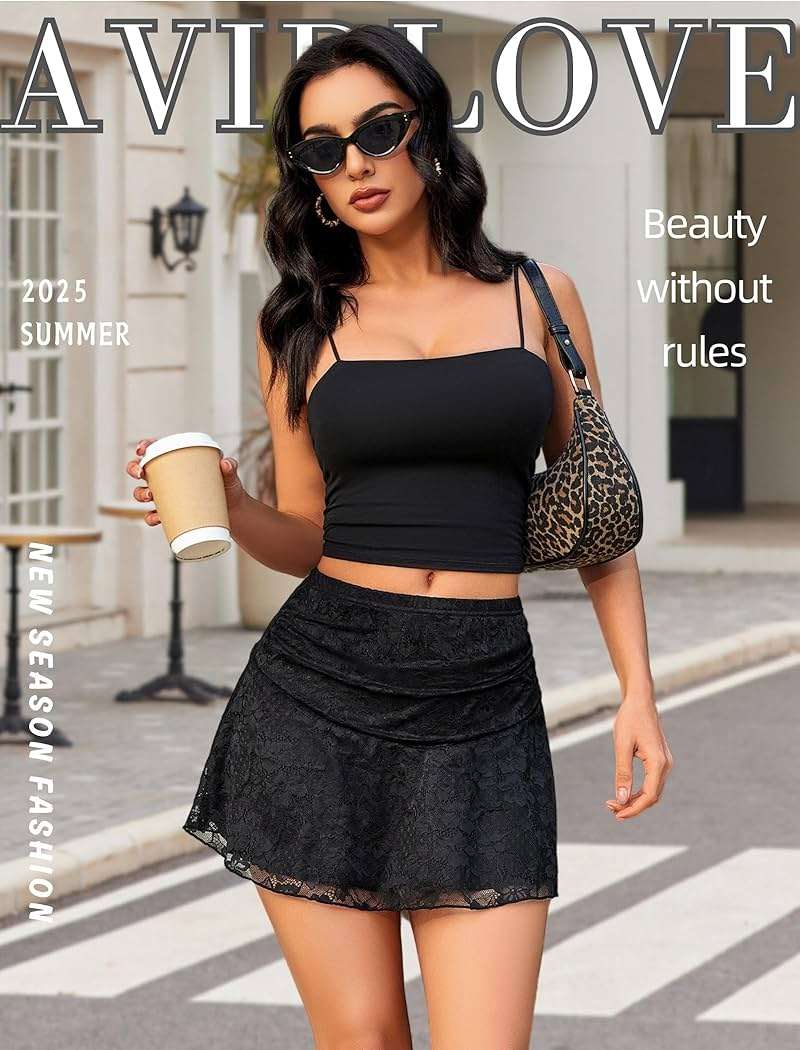 Avidlove Black Mini Skirt for Women Lace Short Skirt Sexy A Line Ruched Elastic Waist Trendy Y2K Going Out Skirt(Black,Small) - Image 2