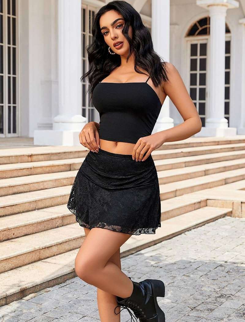 Avidlove Black Mini Skirt for Women Lace Short Skirt Sexy A Line Ruched Elastic Waist Trendy Y2K Going Out Skirt(Black,Small) - Image 5