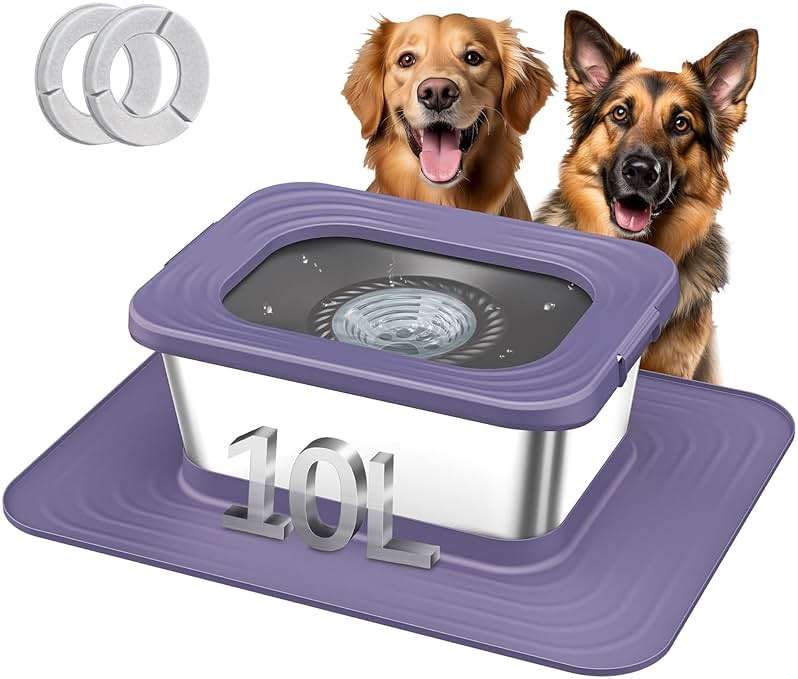 Decflow 10L Stainless Steel Dog Water Bowl, No Spill Anti-Splash Dog Bowls with XXL Silicone Mat, Spill-Proof Slow Feeder for Messy Drinkers, Heavy Duty Pet Bowls for Indoor/Outdoor Use Purple - Image 1