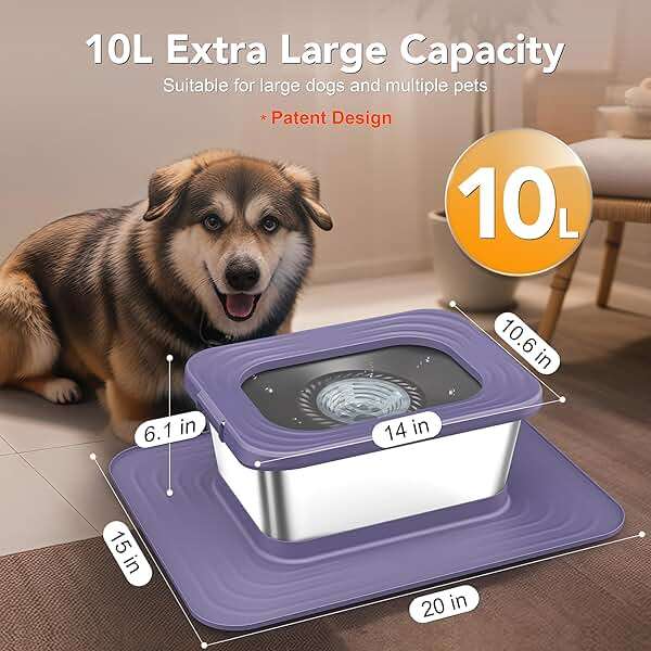 Decflow 10L Stainless Steel Dog Water Bowl, No Spill Anti-Splash Dog Bowls with XXL Silicone Mat, Spill-Proof Slow Feeder for Messy Drinkers, Heavy Duty Pet Bowls for Indoor/Outdoor Use Purple - Image 2