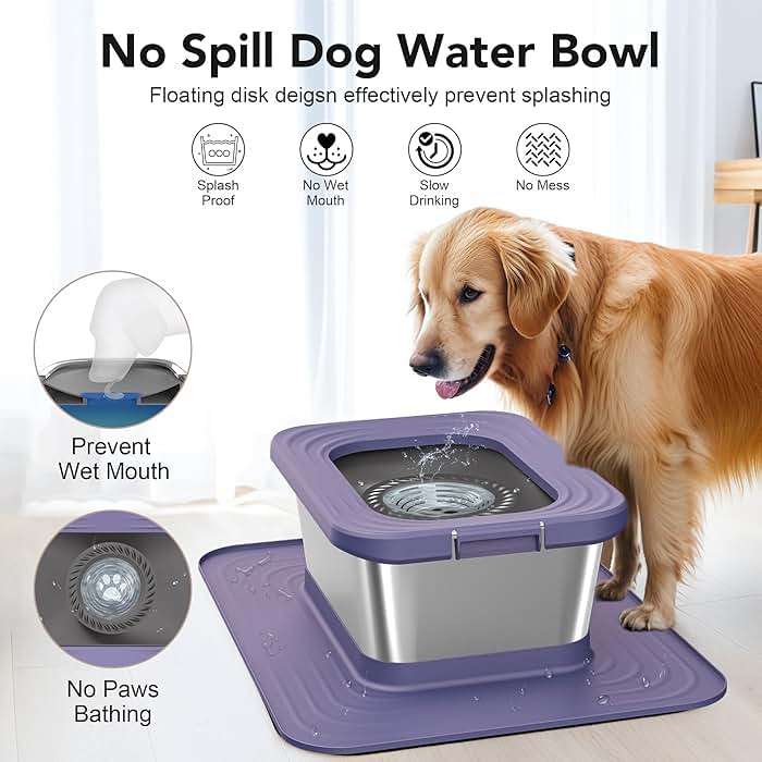 Decflow 10L Stainless Steel Dog Water Bowl, No Spill Anti-Splash Dog Bowls with XXL Silicone Mat, Spill-Proof Slow Feeder for Messy Drinkers, Heavy Duty Pet Bowls for Indoor/Outdoor Use Purple - Image 3