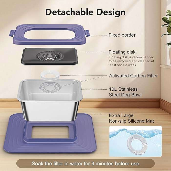 Decflow 10L Stainless Steel Dog Water Bowl, No Spill Anti-Splash Dog Bowls with XXL Silicone Mat, Spill-Proof Slow Feeder for Messy Drinkers, Heavy Duty Pet Bowls for Indoor/Outdoor Use Purple - Image 6