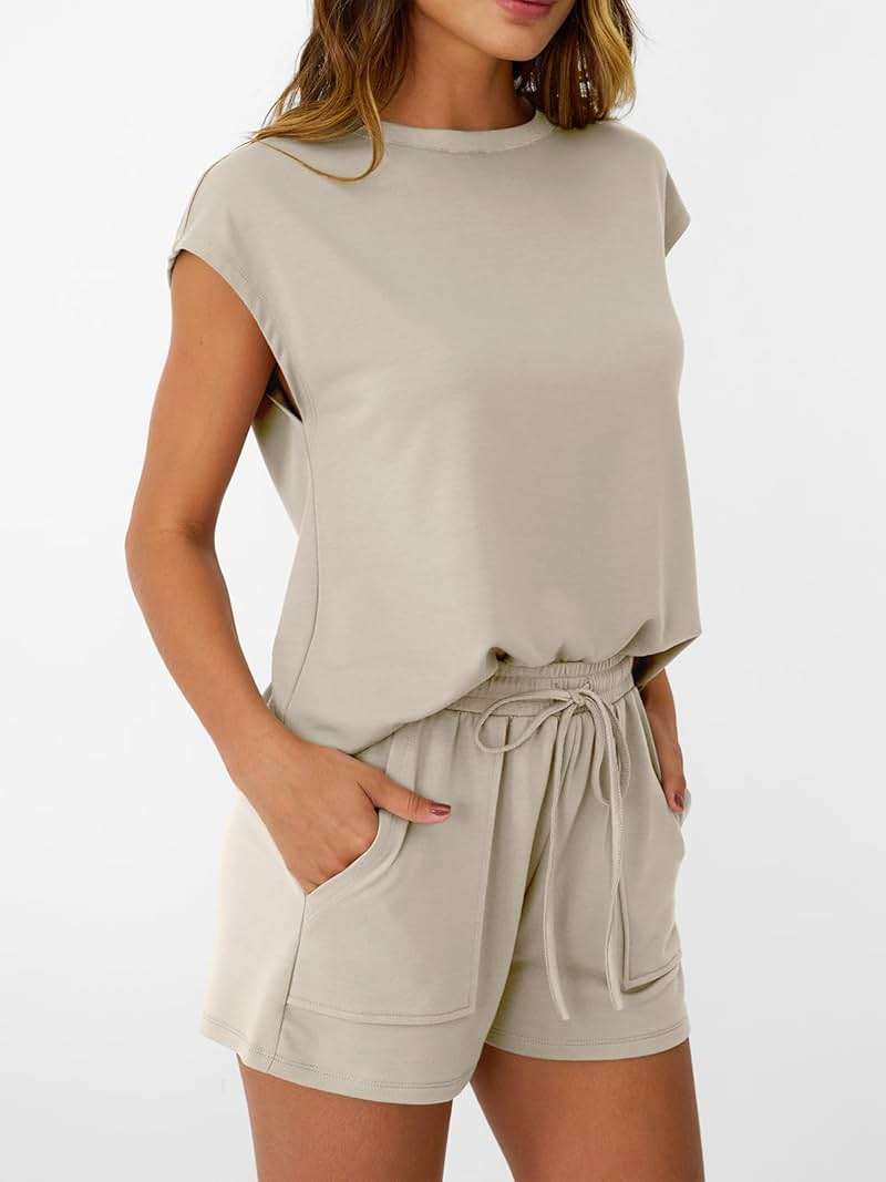 AUTOMET Womens Crew Neck Two Piece Short Sets Cap Sleeve Drawstring Summer Sweatsuit with Pocket - Image 3