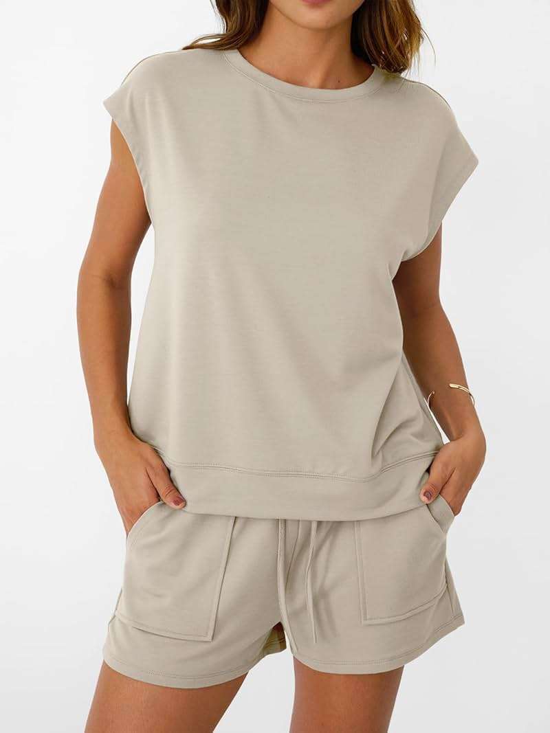 AUTOMET Womens Crew Neck Two Piece Short Sets Cap Sleeve Drawstring Summer Sweatsuit with Pocket - Image 5