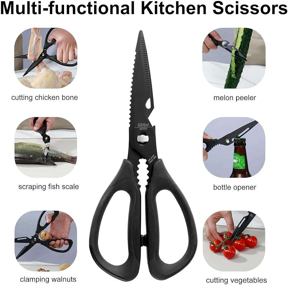 Kitchen Shears Kitchen Scissors Come Apart Kitch Scissor for Food Heavy Duty Chicken Bone Nutcracker Bottle Can Opener Shears with Serrated Blade Premium Black Titanium Plated Stainless Steel 01A - Image 4