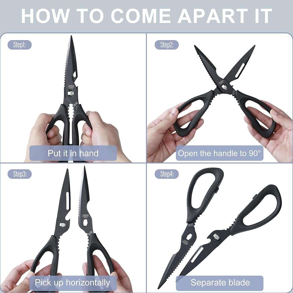 Kitchen Shears Kitchen Scissors Come Apart Kitch Scissor for Food Heavy Duty Chicken Bone Nutcracker Bottle Can Opener Shears with Serrated Blade Premium Black Titanium Plated Stainless Steel 01A - Image 8