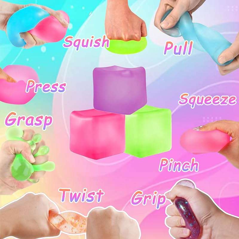 3Pcs Stress Cube Squishy Toys, Slow Rising Ice Cube Stress Balls, Sensory Fidget Toys for Anxiety Relief, Sensory Ice Cube Gel Filled Squishy Ball Toys for ADD/ADHD Kids Adults(Purple,Green,Pink) - Image 4