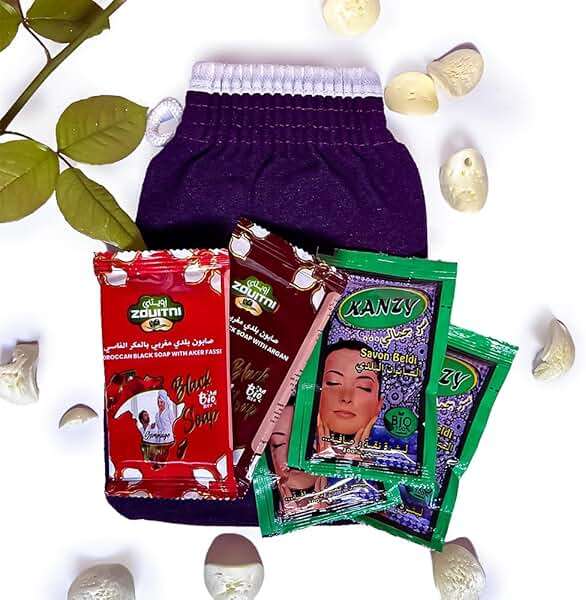Pack Of 6 Pcs Natural Moroccan Black Soap Beldi + Aker Fassi + Argan Soap + Bath Glove Exfoliating Hammam Glove Combo. - Image 1