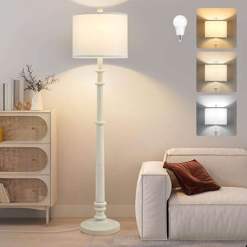 Floor Lamps for Living Room - 60" Resin Farmhouse Floor Lamp with Adjustable Color Temperatures - Vintage Standing Lamp Reading Light with Linen Shade Retro Tall Lamp for Bedroom Office, Almond White - Image 1
