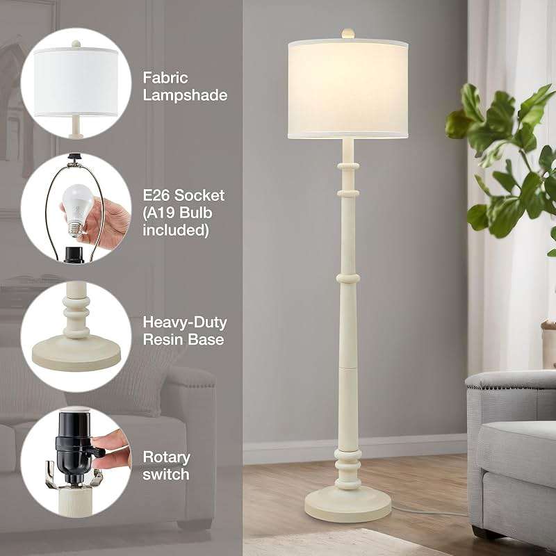 Floor Lamps for Living Room - 60" Resin Farmhouse Floor Lamp with Adjustable Color Temperatures - Vintage Standing Lamp Reading Light with Linen Shade Retro Tall Lamp for Bedroom Office, Almond White - Image 3