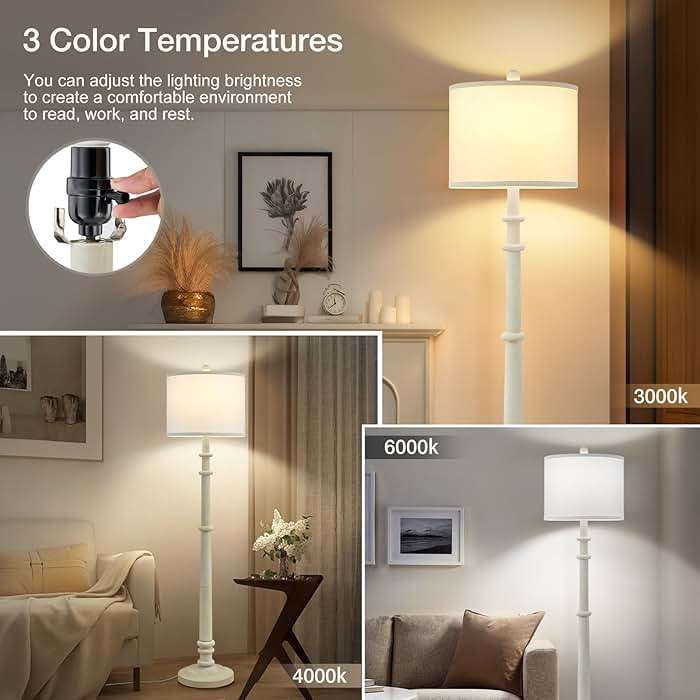 Floor Lamps for Living Room - 60" Resin Farmhouse Floor Lamp with Adjustable Color Temperatures - Vintage Standing Lamp Reading Light with Linen Shade Retro Tall Lamp for Bedroom Office, Almond White - Image 4