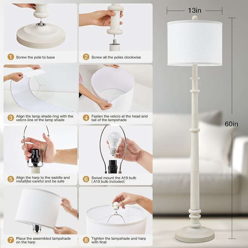 Floor Lamps for Living Room - 60" Resin Farmhouse Floor Lamp with Adjustable Color Temperatures - Vintage Standing Lamp Reading Light with Linen Shade Retro Tall Lamp for Bedroom Office, Almond White - Image 7