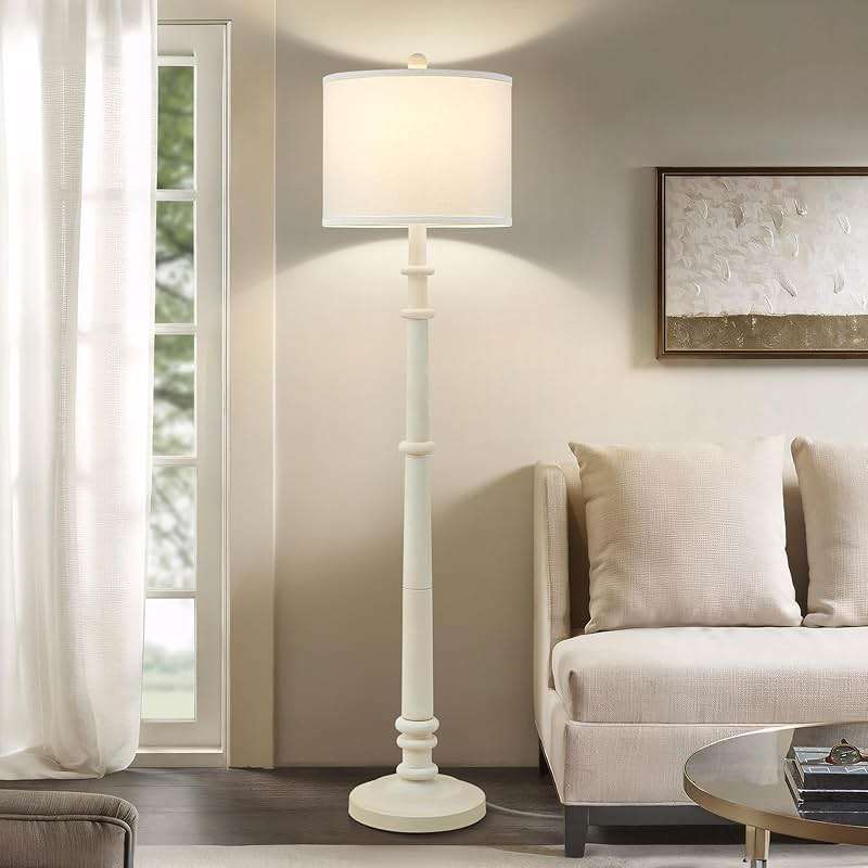 Floor Lamps for Living Room - 60" Resin Farmhouse Floor Lamp with Adjustable Color Temperatures - Vintage Standing Lamp Reading Light with Linen Shade Retro Tall Lamp for Bedroom Office, Almond White - Image 9