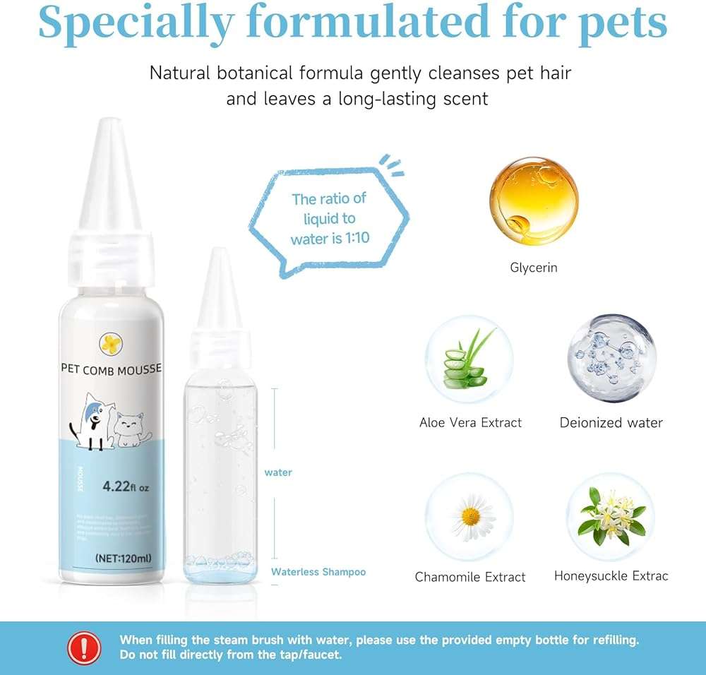 Pet Steam Brush for Dog & Cat – 3-in-1 Spray Hair Removal Comb for Shedding & Grooming, Softens Fur & Reduces Static – Water Brush for Long & Short Coats, Bath-Hating Pets, Includes Waterless Shampoo - Image 3