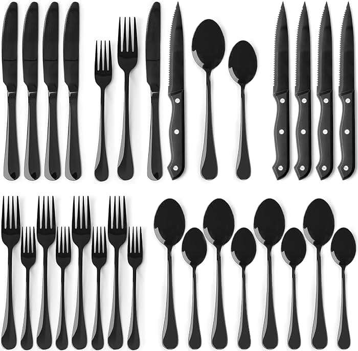 Astercook 24-Piece Black Silverware Set with Steak Knives Flatware Set for 4 Food-Grade Stainless Steel Cutlery Set Mirror Polished Utensils Set Include Spoons and Forks for Home Kitchen Restaurant - Image 1