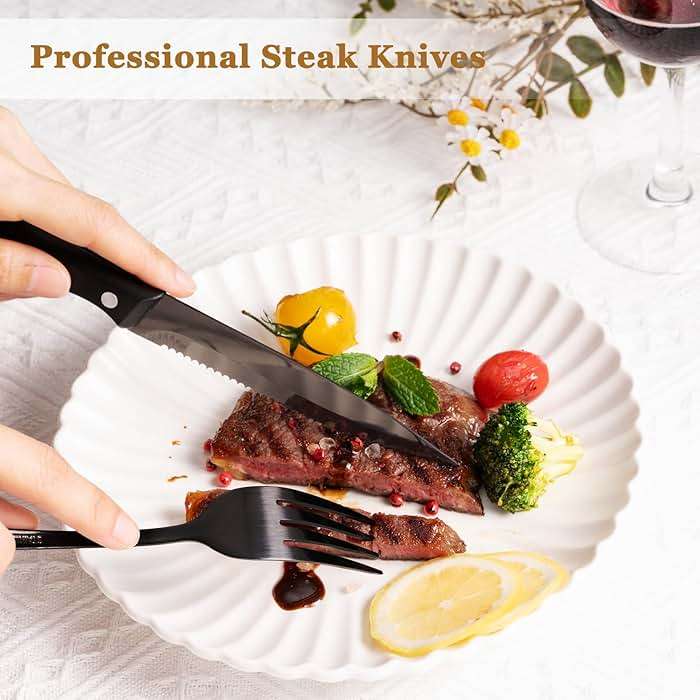 Astercook 24-Piece Black Silverware Set with Steak Knives Flatware Set for 4 Food-Grade Stainless Steel Cutlery Set Mirror Polished Utensils Set Include Spoons and Forks for Home Kitchen Restaurant - Image 2