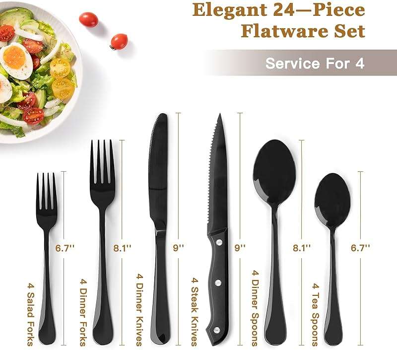 Astercook 24-Piece Black Silverware Set with Steak Knives Flatware Set for 4 Food-Grade Stainless Steel Cutlery Set Mirror Polished Utensils Set Include Spoons and Forks for Home Kitchen Restaurant - Image 3