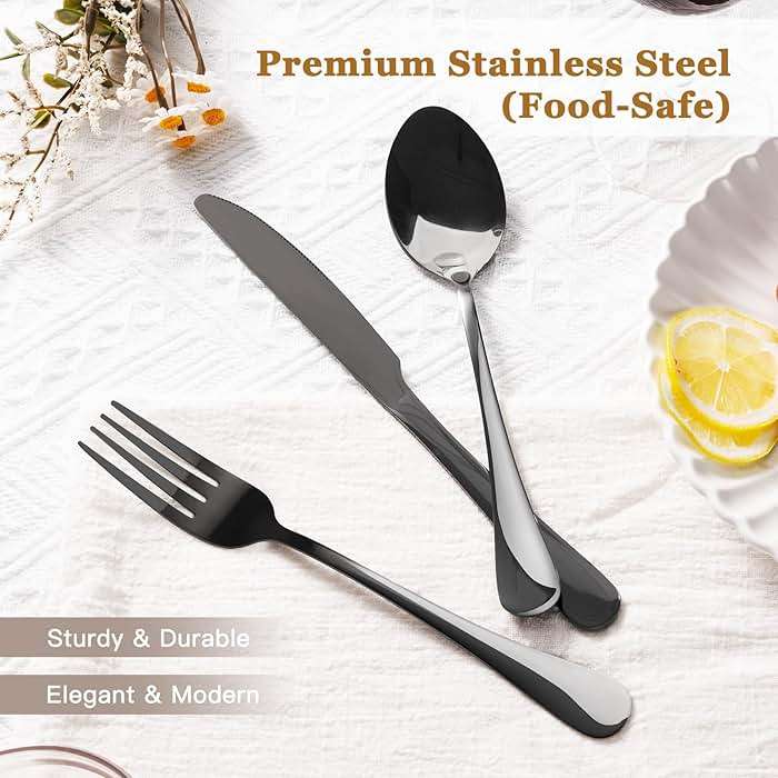 Astercook 24-Piece Black Silverware Set with Steak Knives Flatware Set for 4 Food-Grade Stainless Steel Cutlery Set Mirror Polished Utensils Set Include Spoons and Forks for Home Kitchen Restaurant - Image 4