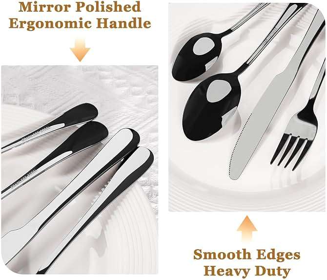 Astercook 24-Piece Black Silverware Set with Steak Knives Flatware Set for 4 Food-Grade Stainless Steel Cutlery Set Mirror Polished Utensils Set Include Spoons and Forks for Home Kitchen Restaurant - Image 5