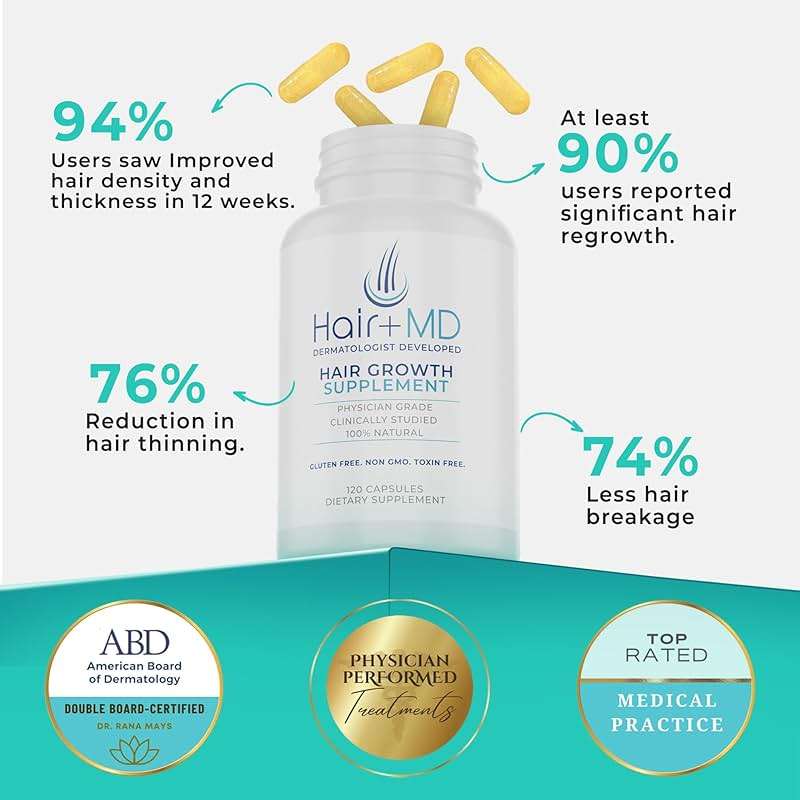 Hair Plus MD Hair Growth Supplement, 120 Capsules – Supports Hair Growth & Density – Dermatologist-Developed with Collagen & Vitamins – Gluten-Free, Toxin-Free, Non-GMO – 1 Month Supply - Image 2