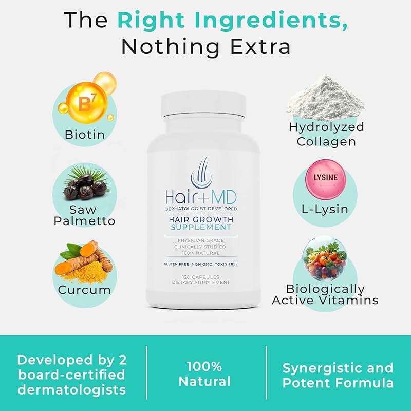 Hair Plus MD Hair Growth Supplement, 120 Capsules – Supports Hair Growth & Density – Dermatologist-Developed with Collagen & Vitamins – Gluten-Free, Toxin-Free, Non-GMO – 1 Month Supply - Image 3