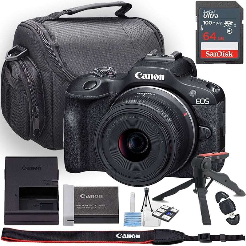 Canon EOS R100 Mirrorless Camera w/Canon RF-S 18-45mm f/4.5-6.3 is STM Lens + Camera Case + 64GB Memory + Deluxe Starter Kit + Hand Grip Stabilizer Tripod + More (14pc Bundle) (Renewed) - Image 1