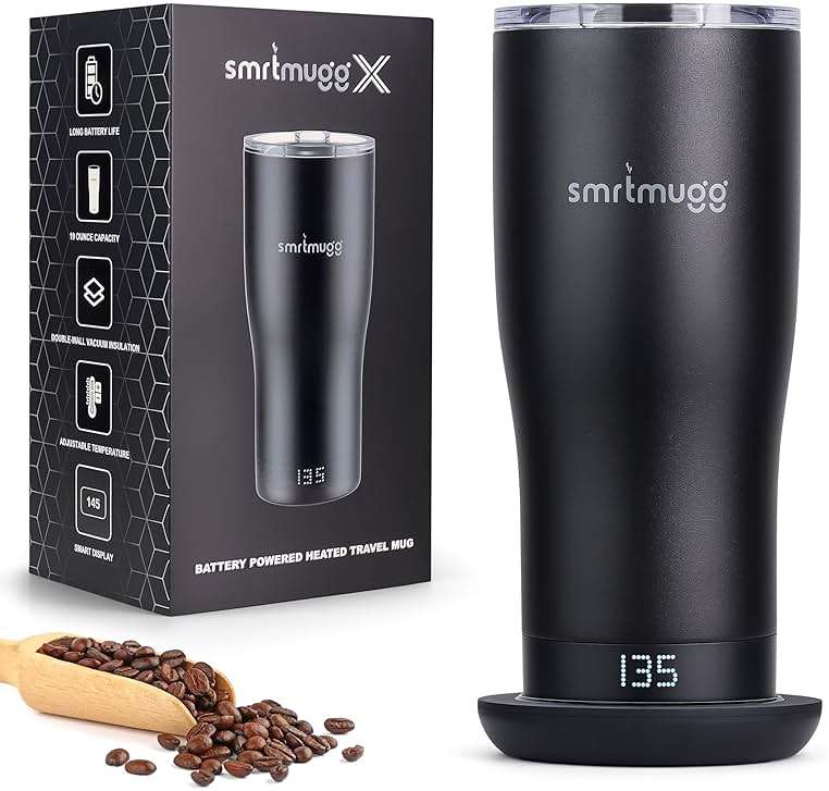 SmrtMugg X Heated Coffee Mug 19 oz., 8 Hour Battery Life, Self-Heating, Adjustable Temp Controlled, LCD Screen, One Button Temperature Adjustment, Includes Cover with Magnetic Slider (Black) (Black) - Image 1