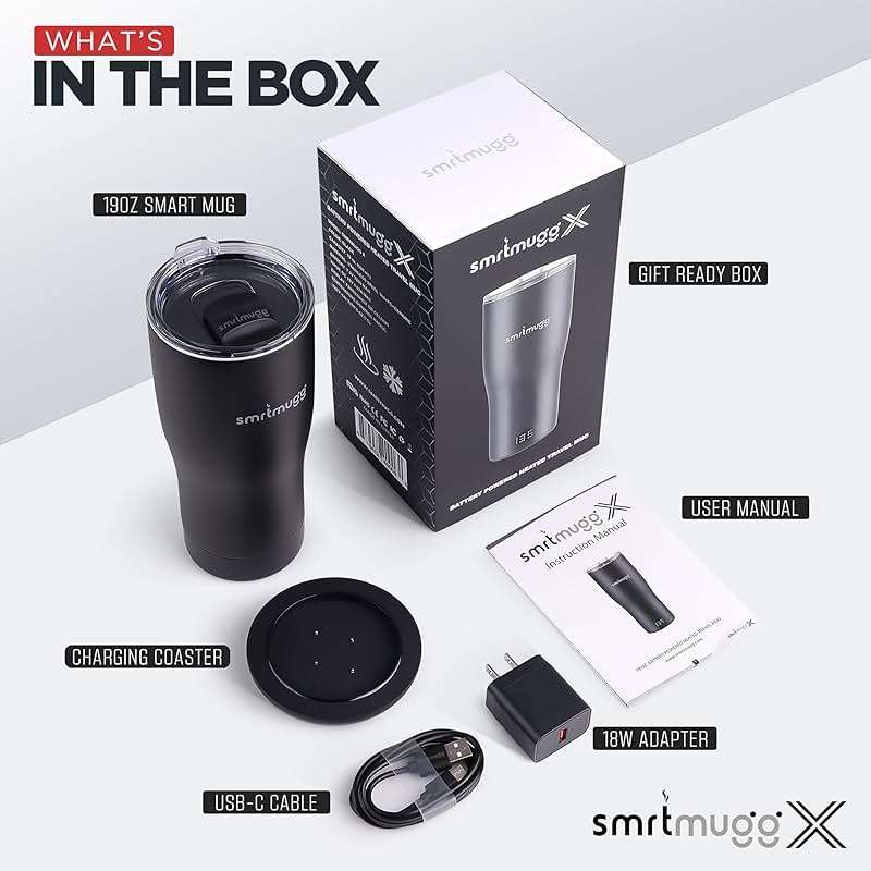 SmrtMugg X Heated Coffee Mug 19 oz., 8 Hour Battery Life, Self-Heating, Adjustable Temp Controlled, LCD Screen, One Button Temperature Adjustment, Includes Cover with Magnetic Slider (Black) (Black) - Image 2