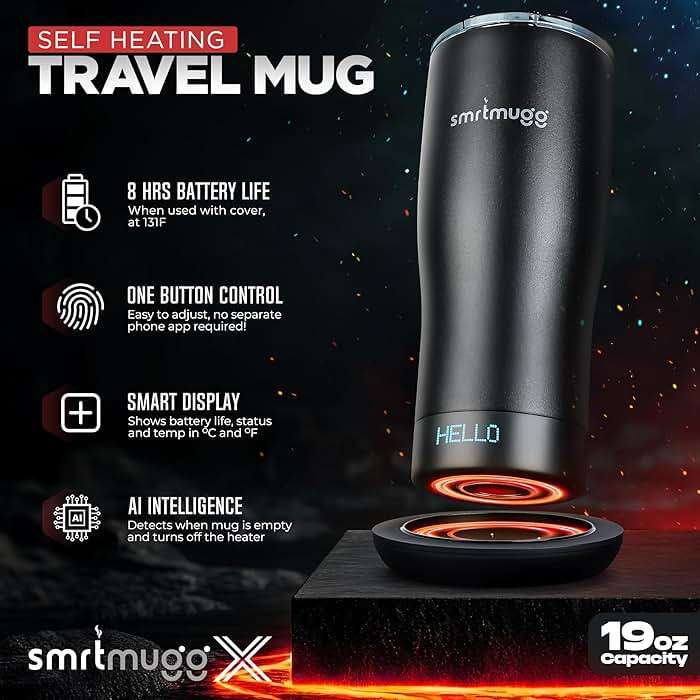 SmrtMugg X Heated Coffee Mug 19 oz., 8 Hour Battery Life, Self-Heating, Adjustable Temp Controlled, LCD Screen, One Button Temperature Adjustment, Includes Cover with Magnetic Slider (Black) (Black) - Image 3