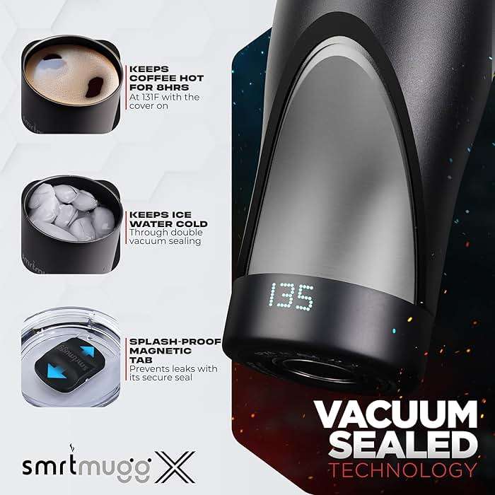 SmrtMugg X Heated Coffee Mug 19 oz., 8 Hour Battery Life, Self-Heating, Adjustable Temp Controlled, LCD Screen, One Button Temperature Adjustment, Includes Cover with Magnetic Slider (Black) (Black) - Image 4