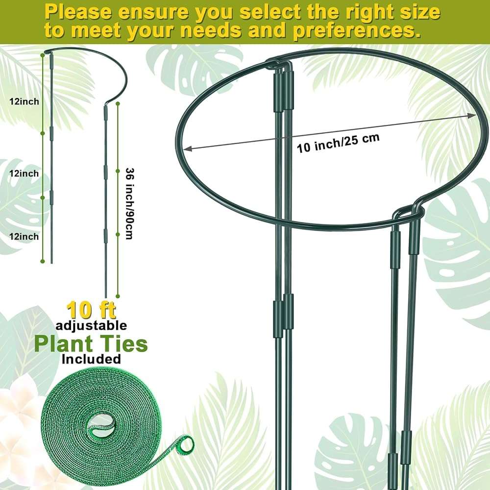 HiGift 4 Pack Height Adjustable Plant Support Stakes(12" or 24" or 36" H), Metal Peony Cages and Support Ring Half Round Garden Tall Plant Support for Indoor Outdoor Plant Snake Hydrangea Flowers - Image 2