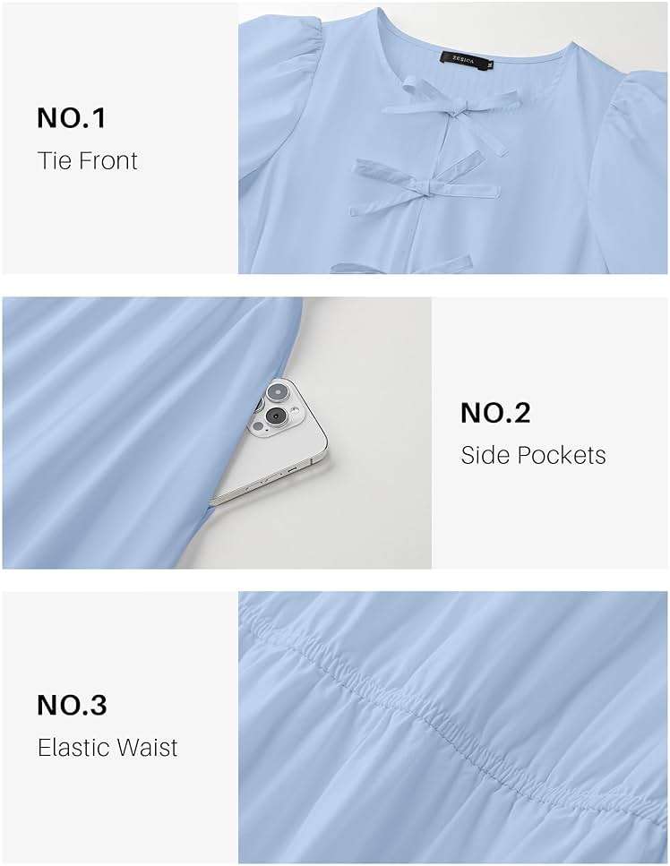 ZESICA Women's Summer Short Sleeve Tie Front Mini Dress Babydoll Ruffle Pleated A Line Vacation Graduation Short Dresses - Image 6