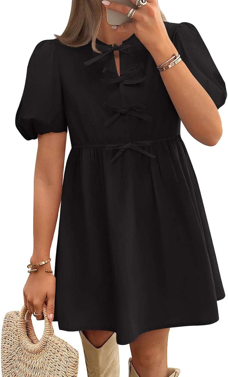 ZESICA Women's Summer Short Sleeve Tie Front Mini Dress Babydoll Ruffle Pleated A Line Vacation Graduation Short Dresses - Image 1