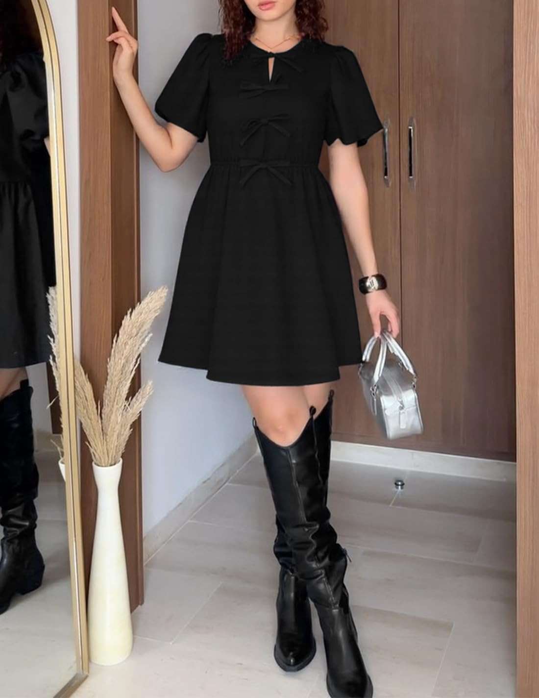ZESICA Women's Summer Short Sleeve Tie Front Mini Dress Babydoll Ruffle Pleated A Line Vacation Graduation Short Dresses - Image 8