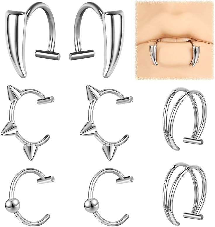 ZS Stainless Steel Fake Lip Ring Vampire Teeth Ring, Adjustable Fake Lip Piercing Non-Piercing Lip Cuff Ear Cuff Earrings Fake Septum Nose Piercing Jewelry For Women Men - Image 1